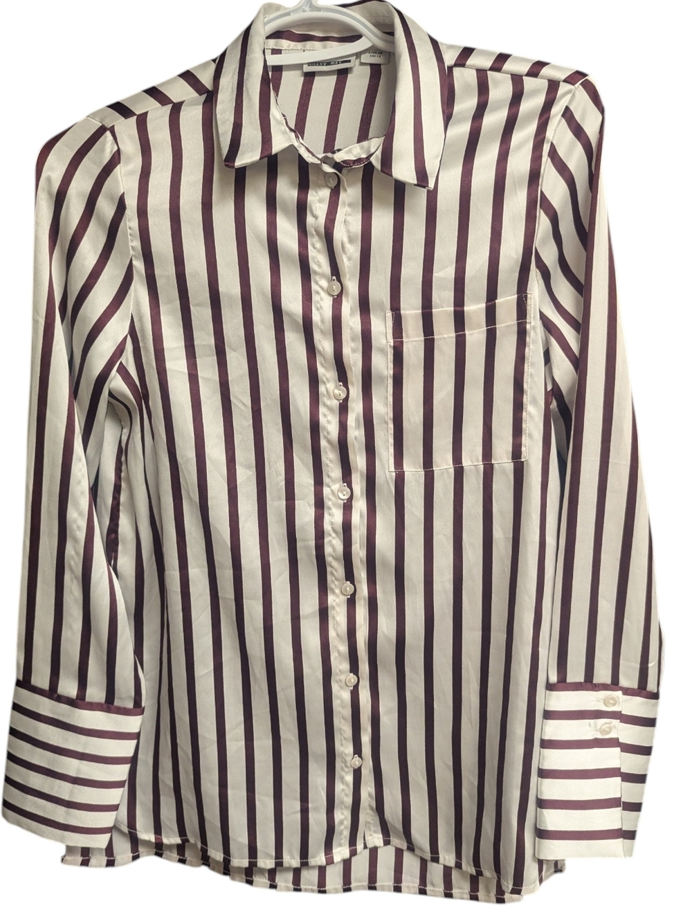 Noisy May Striped Button Up Shirt Size Small | Satin Look Burgundy & White XS
